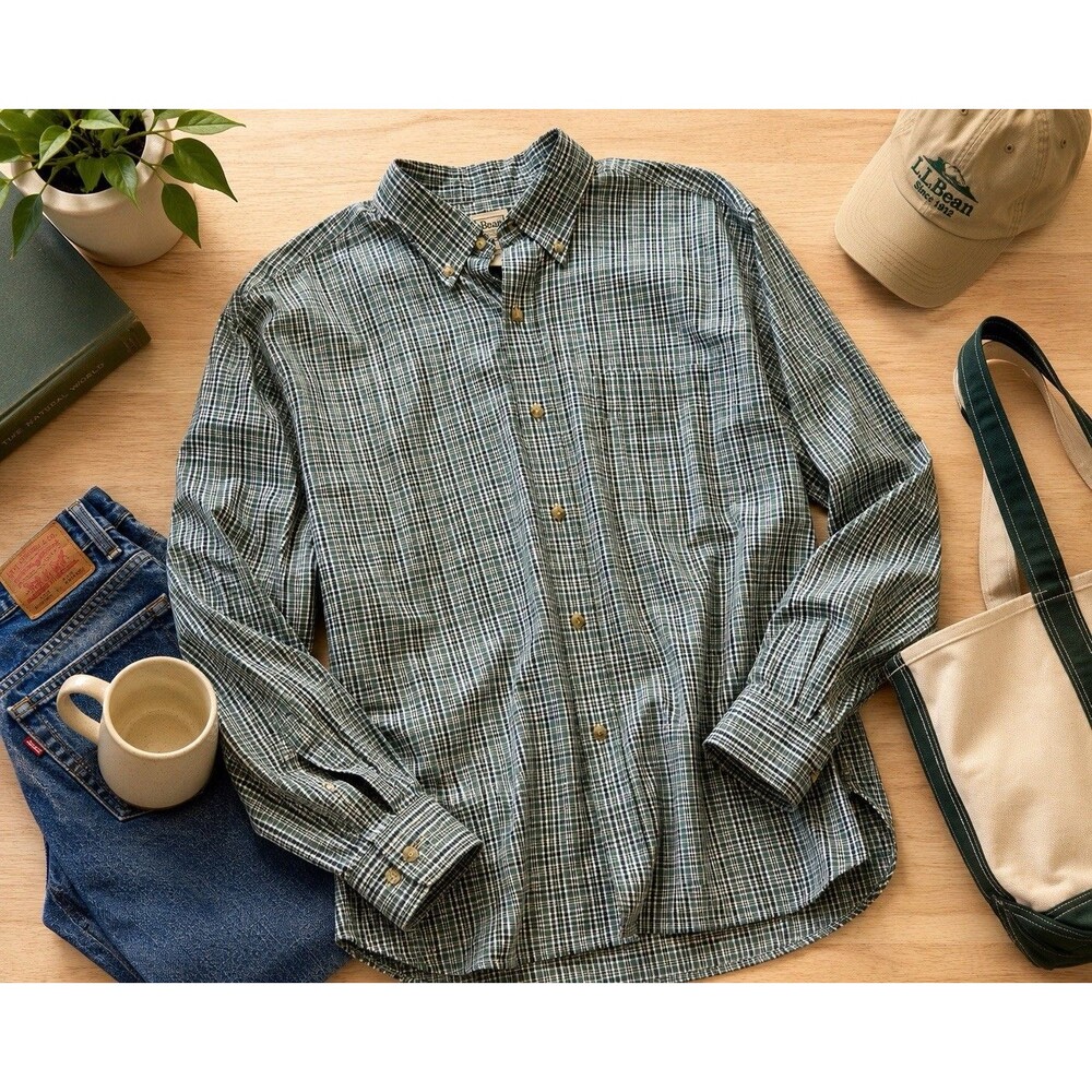 L.L.Bean Traditional Fit Plaid Button Down Shirt Men’s XXL Green 100% Cotton